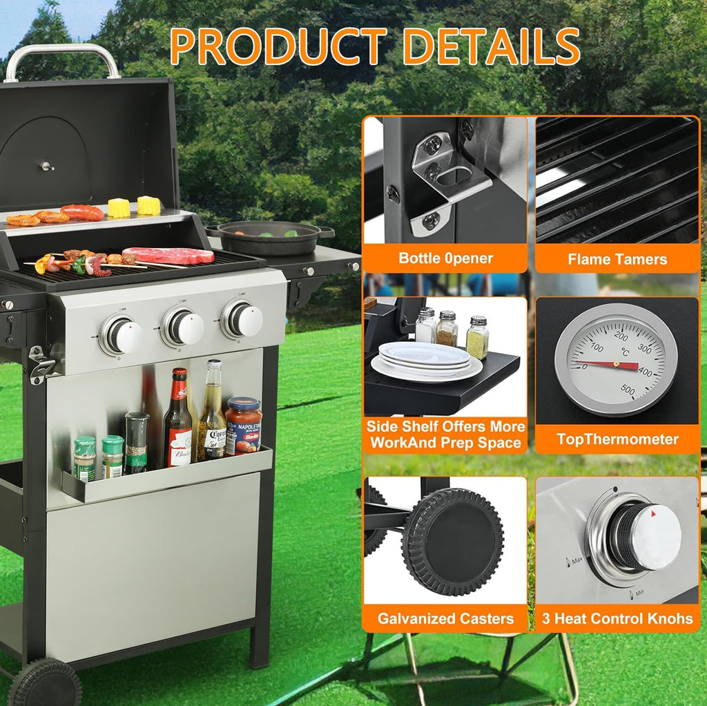 3-Burner Propane Gas Grill, 36,900 BTU Stainless Steel Cabinet Grill with Wheels, Wire Rack, and Foldable Side Tables for Outdoor Patio BBQ (Silver)