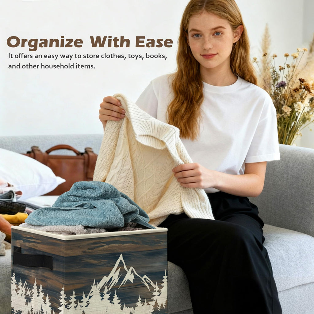 Rustic Forest Mountain Storage Box Bins, Camping Hiking Lover Gifts Collapsible Storage Basket Organizer Laundry Room