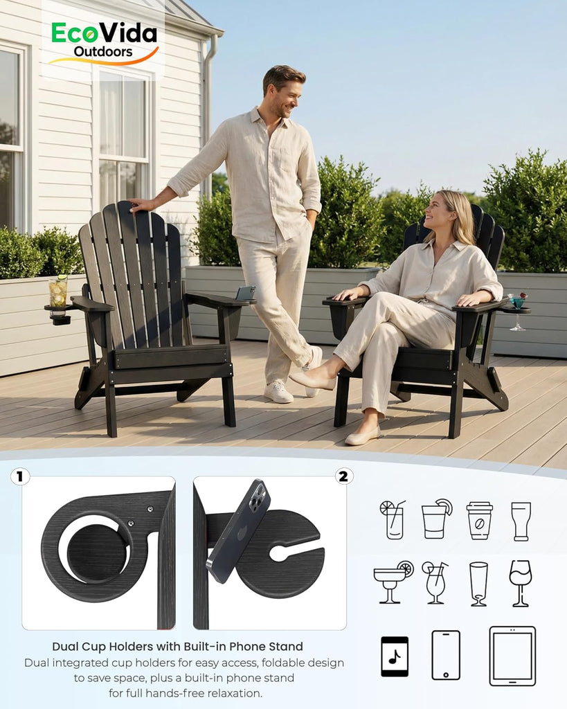 HDPE Folding Adirondack Chair with Dual Cup Holders, Black | Ergonomic High Back HDPE Fire Pit Chair, 380lbs Capacity
