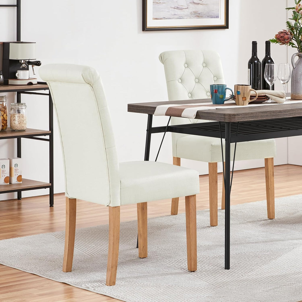 Dining Chairs Set of 2 Fabric Upholstered Dining Room Chairs with Button Tufted High Back and Solid Wood Legs