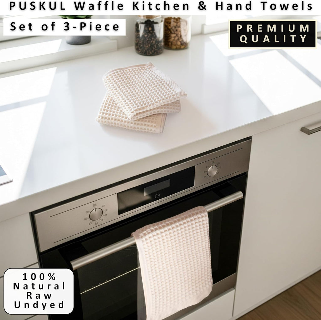 Natural 100% Turkish Cotton Waffle Kitchen and Hand Towels, 3-Piece | Raw-Undyed 32x16" Large Soft Absorbent