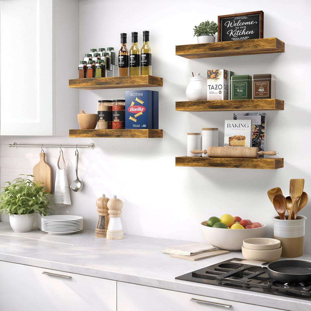 16 Inch Floating Shelves for Wall (4 Pack, Rustic Brown)