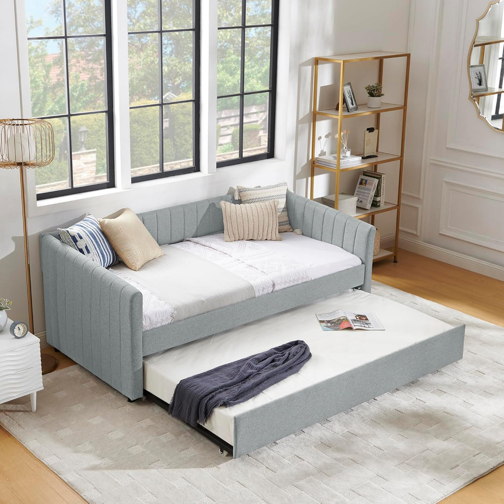 Twin Size Upholstery Daybed with Erectable Trundle and Vertical Stripes, Twin to King Design Extendable Linen Sofa