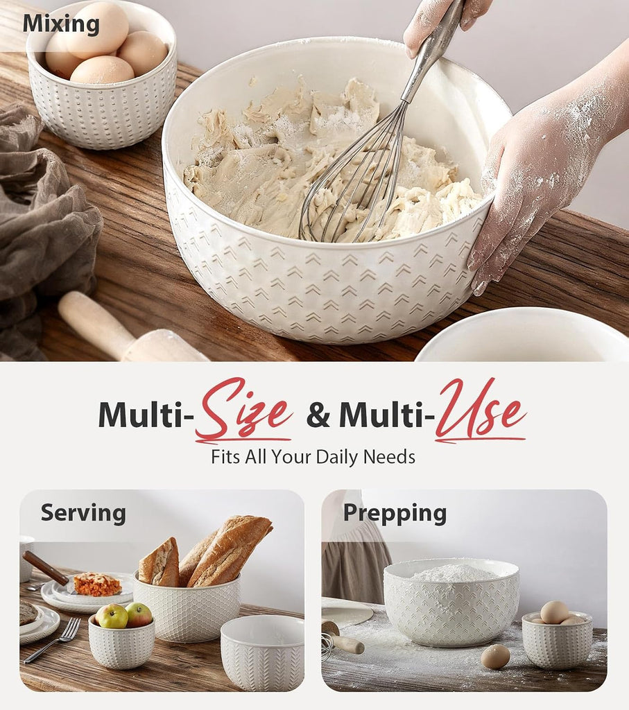 Ceramic Large Mixing Bowls Set of 4, 20/44/98/145 OZ, Ivory White | Nesting Bowls for Cooking, Baking, Salad Etc