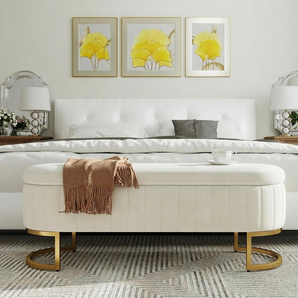 65" Velvet Storage Ottoman Bench End of Bed Entryway Beige