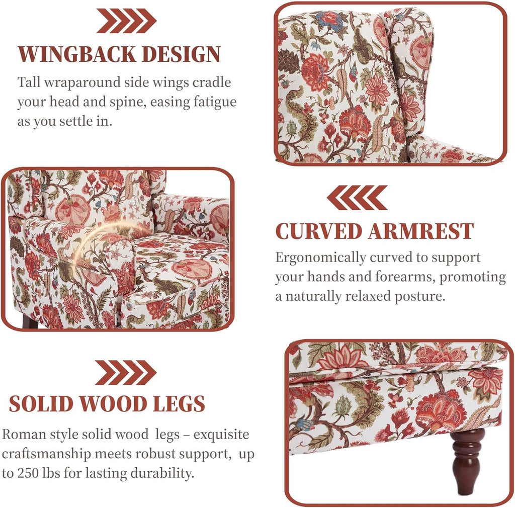 Mid Century Floral Wingback Accent Chair Floral Red | High Back/Retro Wooden Legs/ Breathable Linen Fabric