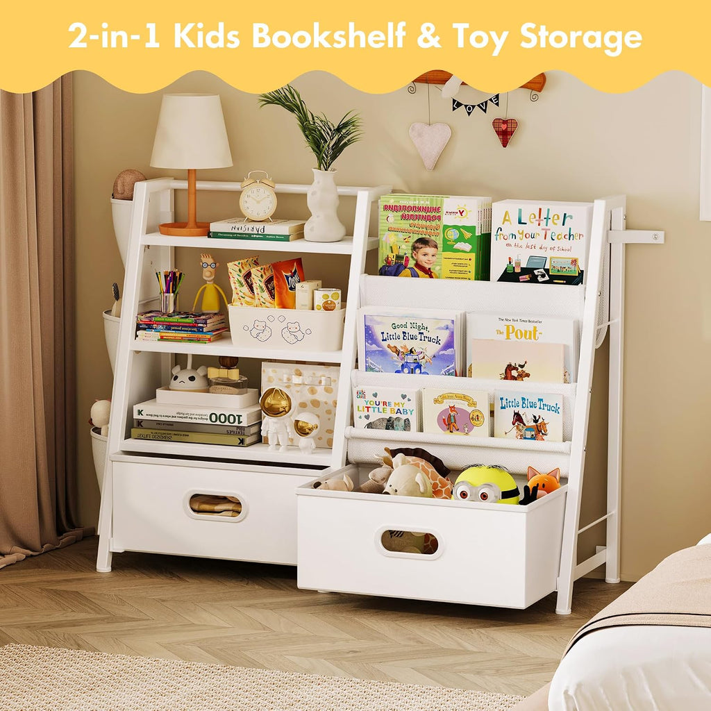 Kids Bookshelf and Toy Storage Organizer, 3 Tier Kids Bookcase, Sling Bookshelf and 2 Toy Bins with Toy Storage