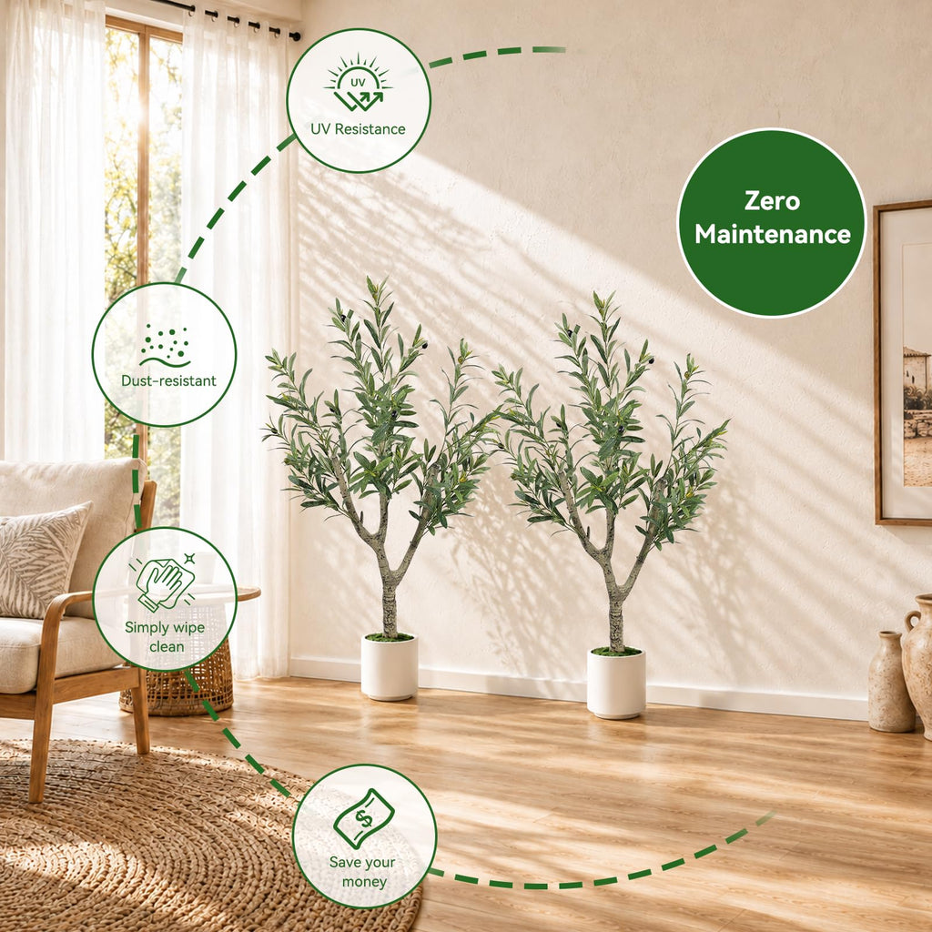 Olive Trees Artificial Indoor, 4ft Tall Olive Tree with White Planter, Faux olive tree with Natural Wood Trunk &