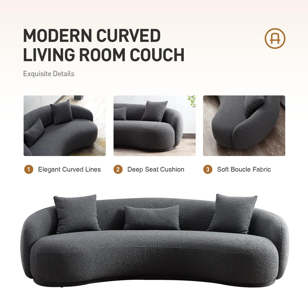 Mid Century Modern Curved Living Room Sofa, 4-Seat Boucle Fabric Couch , Grey