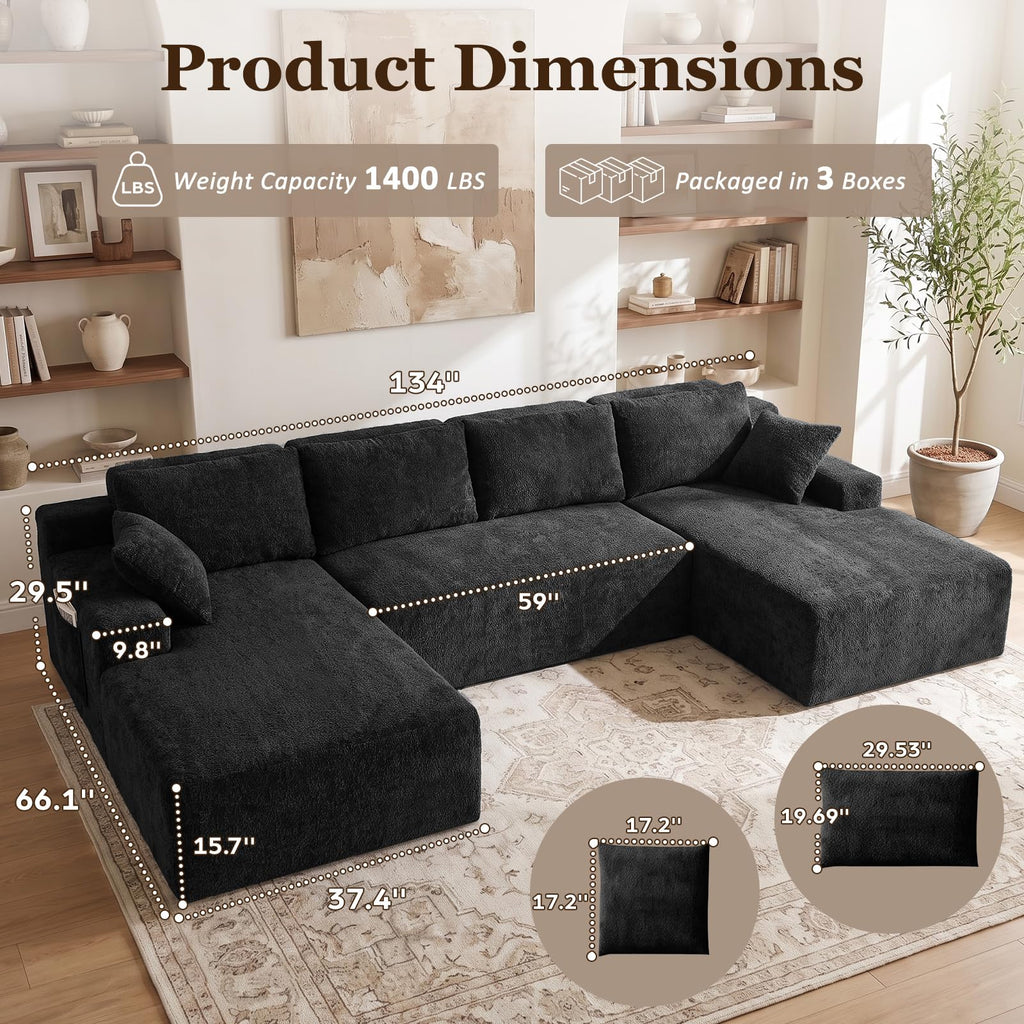 Boneless Couches - 134" Modular Sectional Sofa U Shaped with Side Pockets Oversized Deep Seat Velvet No Assembly