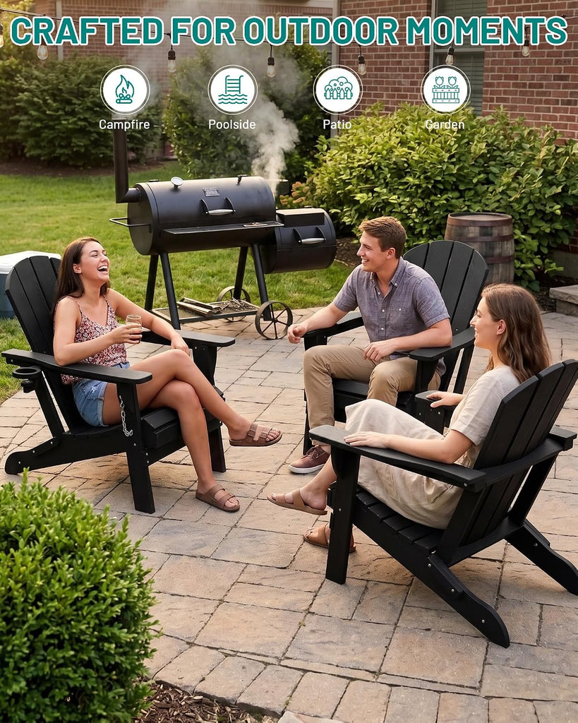 Adirondack Chair Set of 2, Fire Pit Chairs with Cup Holder, Black | Wood-Grain Fade-Proof, Ergonomic, Foldable