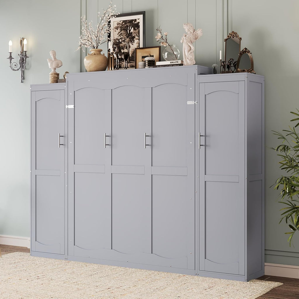 Full Vertical Murphy Bed with Wardrobe,Cabinet,and Storage Shelves,Wood Foldable Hidden Murphy Wall Bed for Adults