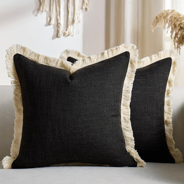 Boho Pillow Covers 16x16 Faux Linen Couch Pillow Covers with Fringe Farmhouse Rustic Decorative Pillows Case Black