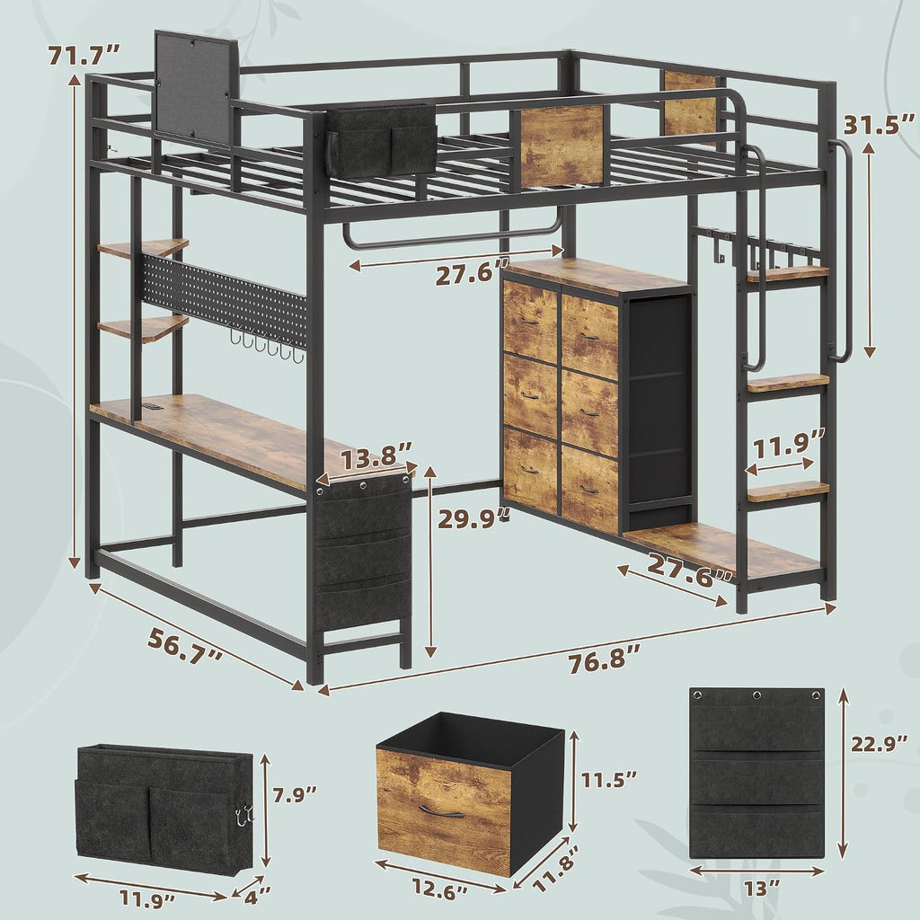 Loft Bed with Desk Full,Full Bed Frame with 6 Storage Drawers