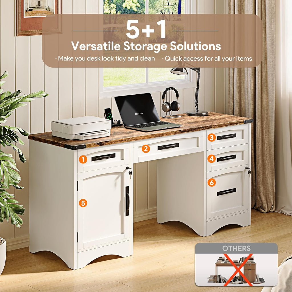 Farmhouse Executive Desk with Drawers, 55" Home Office Desks with Fast Charging Station, Lockable File Cabinet
