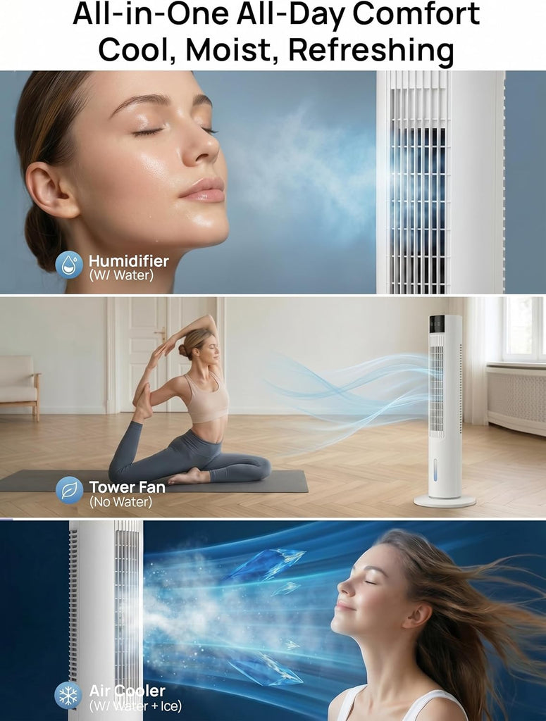 Portable Air Conditioners, 35" Evaporative Air Cooler, 3-In-1 AC Tower Fan That Blows Cold Air, 3 Speeds, 4 Ice Packs