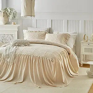 Ruffle Skirt Bedspread Set Floral Design - 30" Long Drop Vintage Cream Chic Ruffled Summer Coverlet Bed Quilt Boho