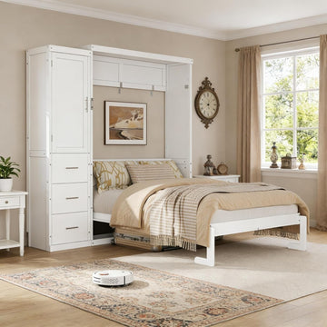 Full Murphy Bed with Storage, Wood Hideaway Wall Bed Frame with 3 Drawers & Wardrobe, Space-Saving Murphy Bed Cabinet
