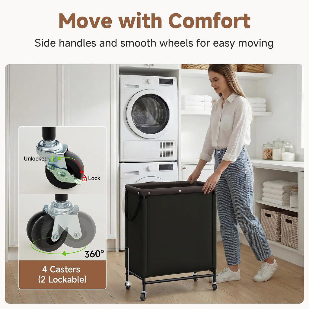 2 Section Laundry Hamper, 100L Black Sorter Cart with Wheels