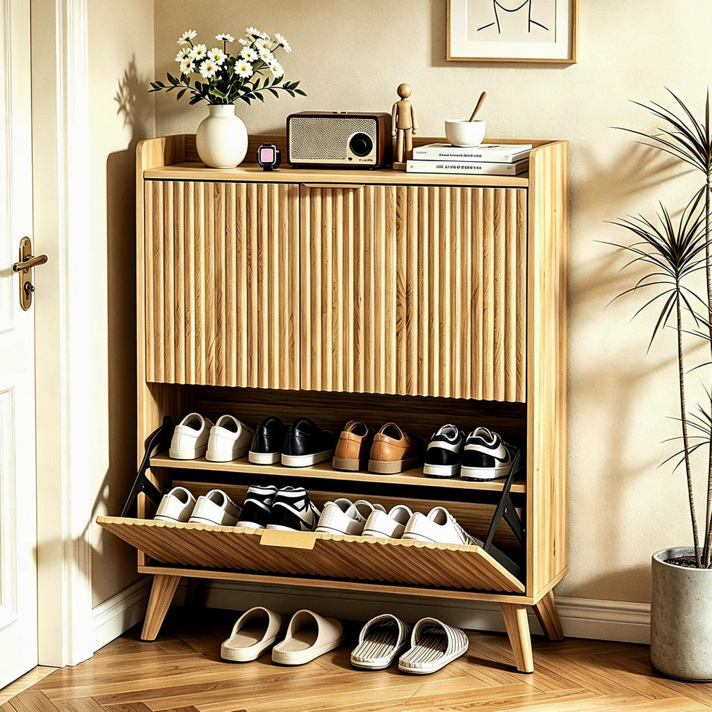 Fluted Shoe Cabinet Storage with 2 Flip Drawers, Wood Narrow Hidden Shoe Organizer with Adjustable Shelf