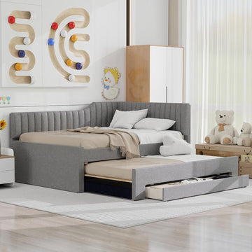 Full Size Daybed with Pull Out Trundle and Three Storage Drawers, Linen Upholstered Day Bed Frame with Wood Slats