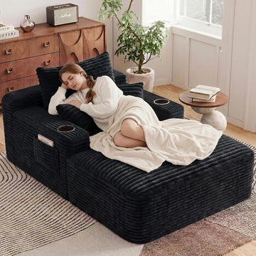 65" Oversized Chaise Lounge Chair Indoor, Boneless Chaise Lounge Chair with Cup Holders Side Pockets 3 Pillows, Cloud