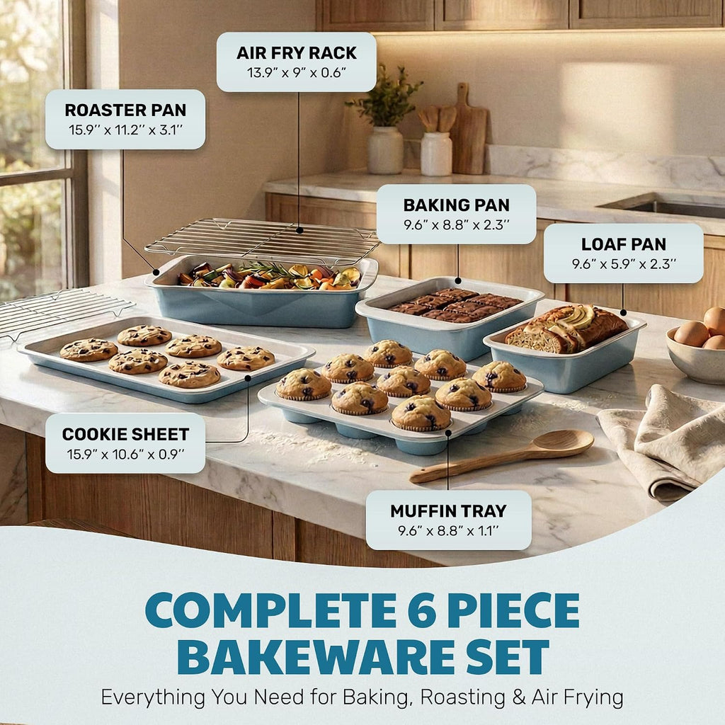 Nonstick Bakeware Set 6 Pc Stackable, Ceramic Pans Set, PFOA & PFOS Free Aluminum, Cookie Sheet, Cake, Muffin, Loaf