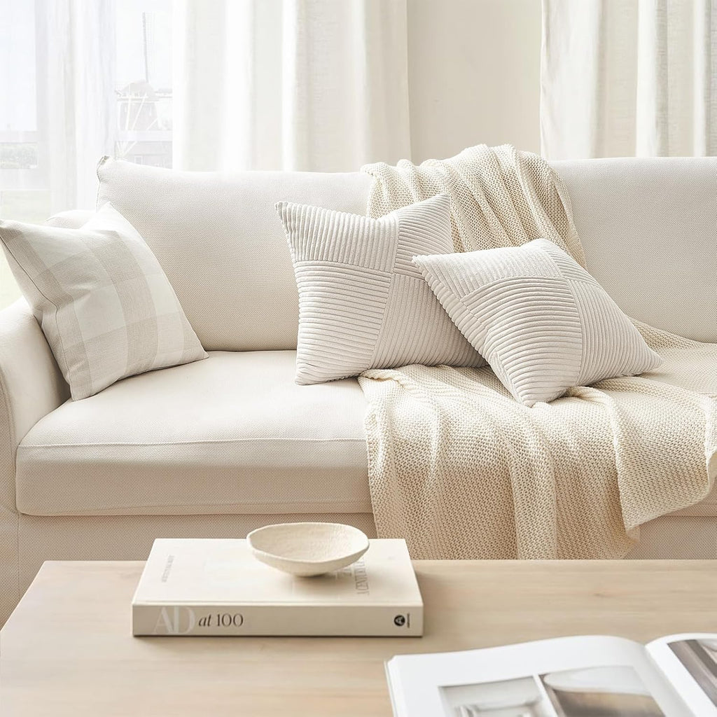 Cream White Decorative Neutral Throw Pillow Covers 18x18 Inch, Soft Corduroy Striped Patchwork Windmill Textured