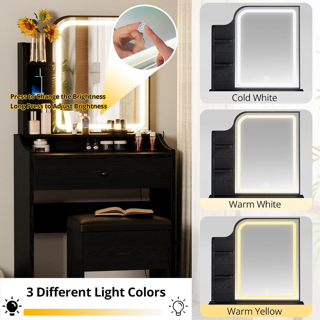 Small Vanity Desk with Mirror Lights and Storage Stool | Black compact vanity with 3 light modes, charging station
