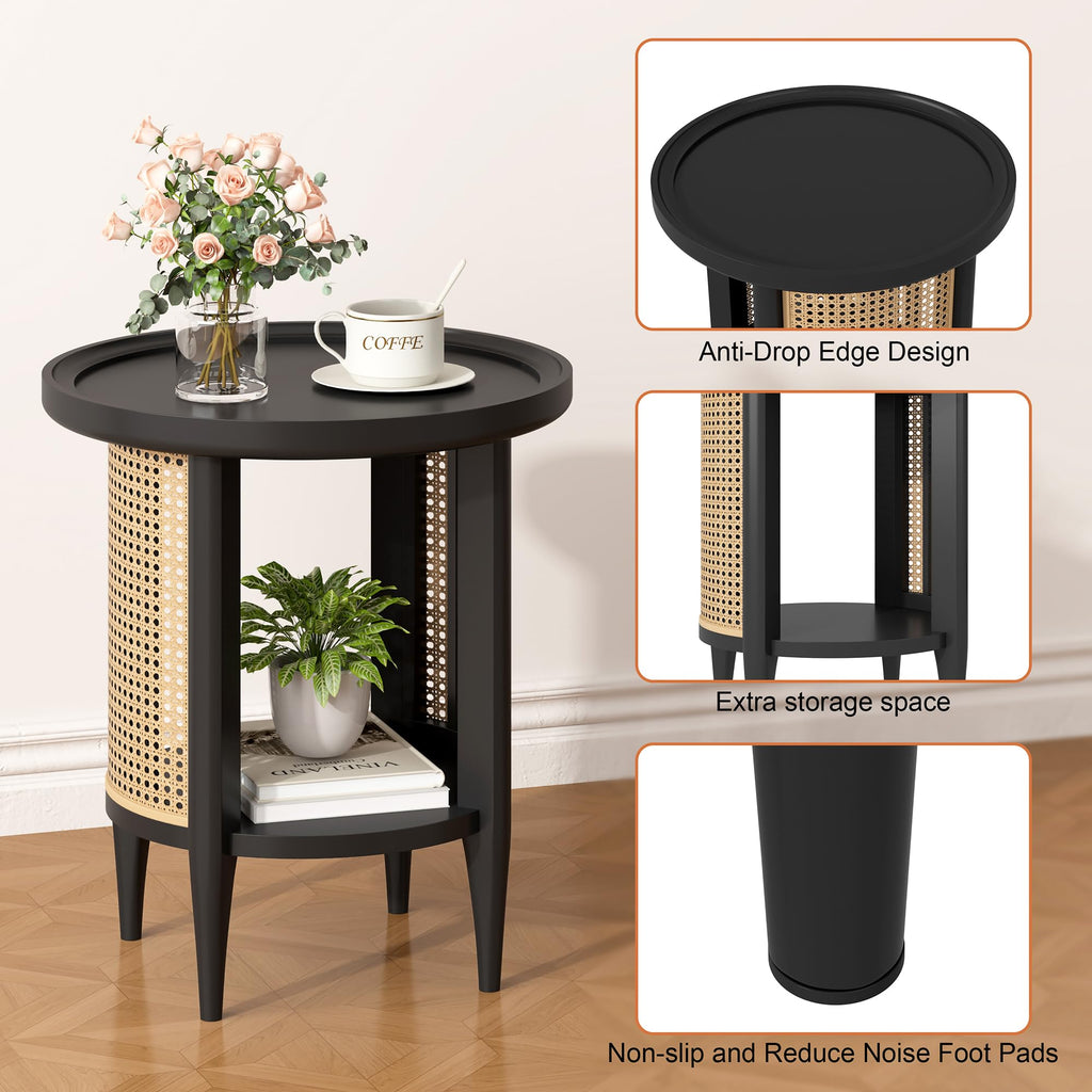 Round Rattan Style Side Table with Solid Wood Legs, Boho Style Nightstand Bedside Table with 2-Tier Shelves, Small