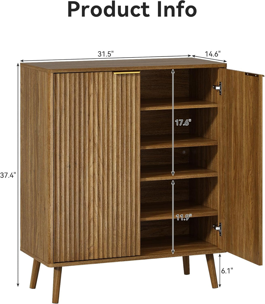 Fluted Shoe Cabinet with Doors, 5-Tier Shoe Storage Cabinet with Adjustable Shelves, Wooden Freestanding Shoe