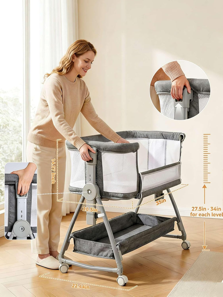 Bedside Bassinet for Baby, Sturdy 3 in 1 Bedside Sleeper with Mattress & Wheels, Height Adjustable, Breathable Mesh