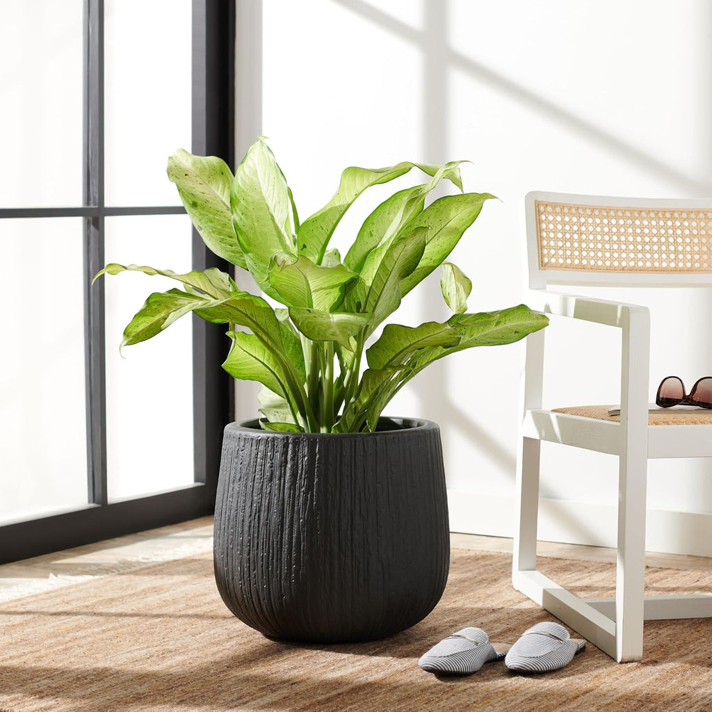 Outdoor - Francia Black Concrete Ficonstone Planter Pot with Drainage Hole, Frost Resistant Garden Planter , Deck