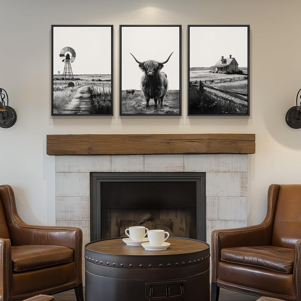 Framed Highland Cow Wall Art , 3 Piece Black and White Farmhouse Canvas Artwork for Walls, Vintage Rustic Barn