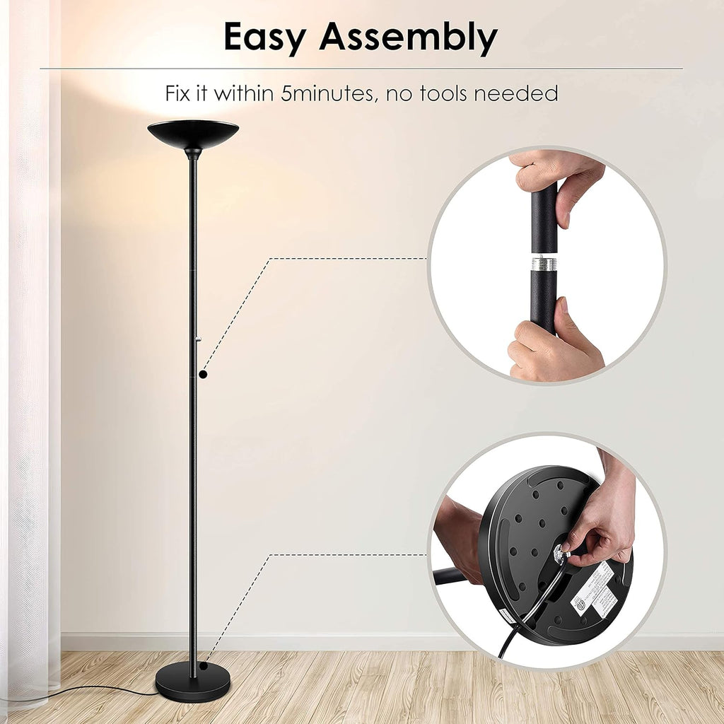 Torchiere Floor Lamp, 30W Super Bright LED Standing Lamp, Stepless Dimmable Pole Lamp with 3000K Lighting