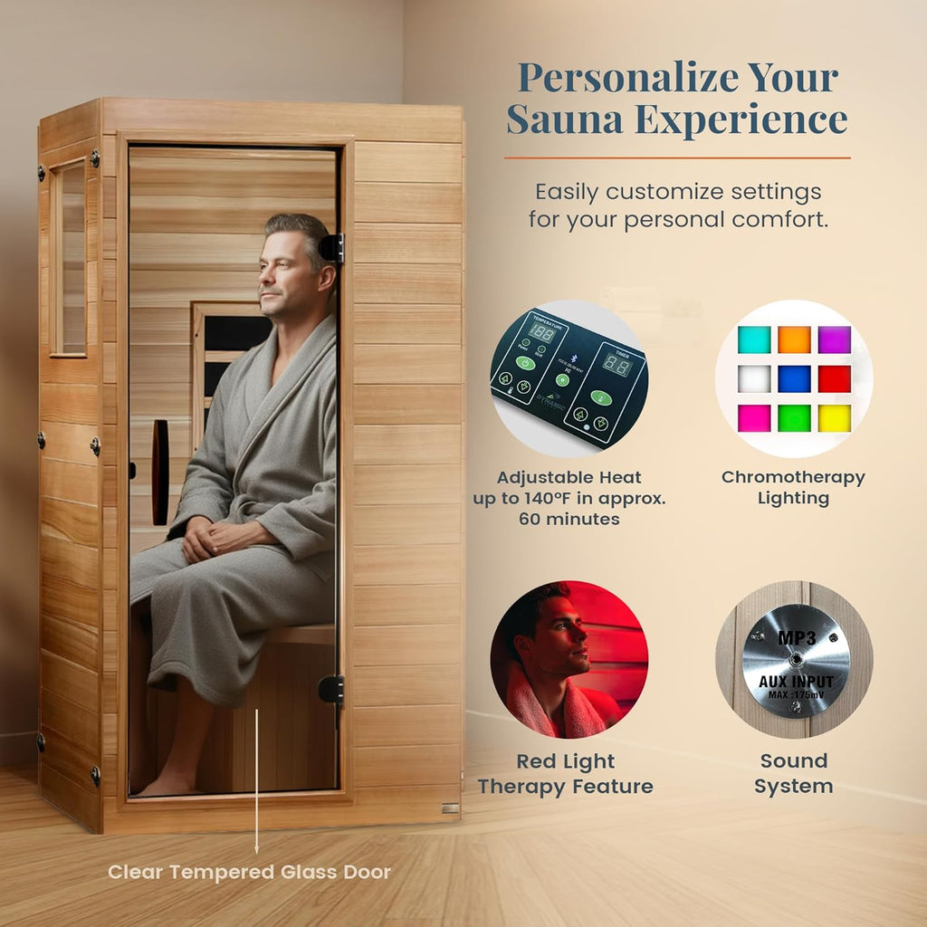 DYNAMIC SAUNAS Elite 1 Person Compact Ultra Low EMF FAR Infrared Sauna with Red Light Therapy & Bluetooth Speakers