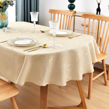 Shiny Oval Jacquard Tablecloth 60 x 102 Inch Beige Floral Countryside Leaves Damask Patterns Table C
