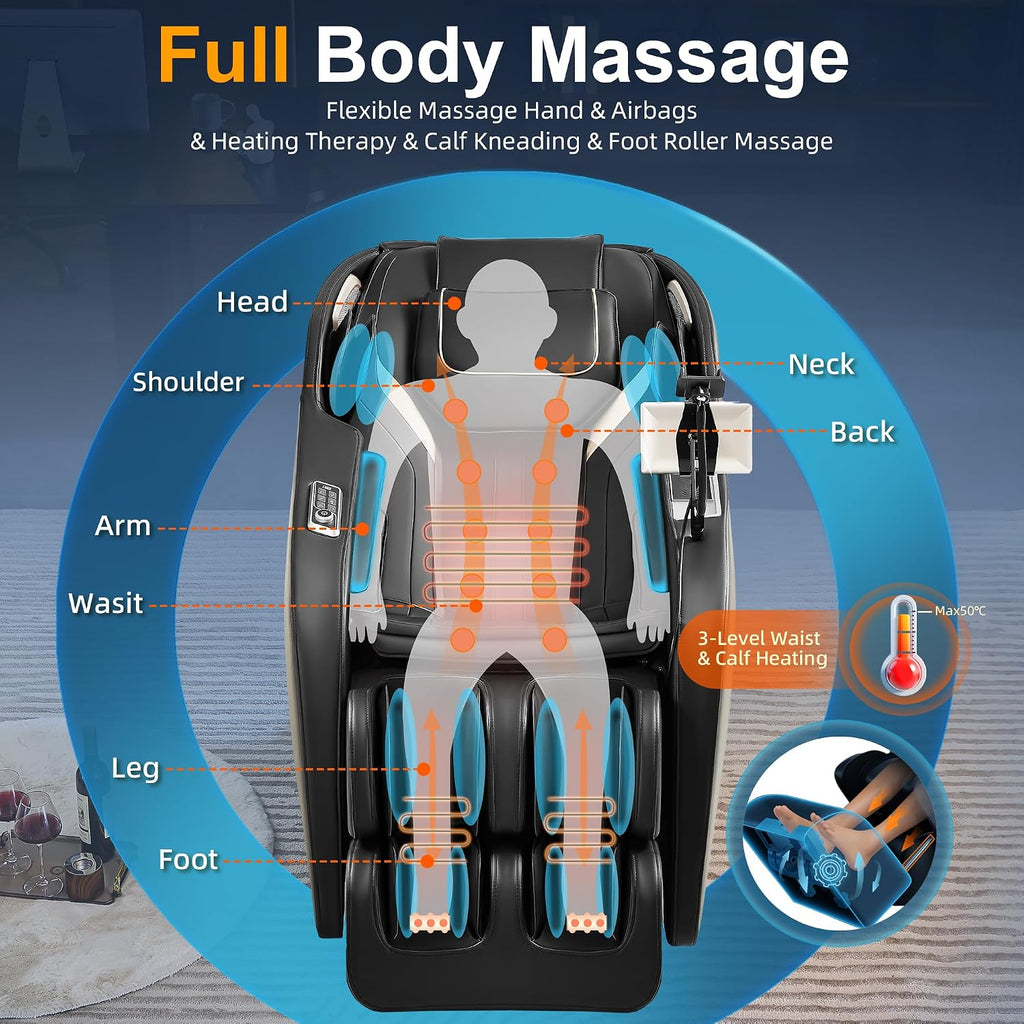 Luxury 4D Full Body Massage Chair with Calf Kneading, Zero Gravity SL-Track Shiatsu Recliner ,18 Auto Modes & 6