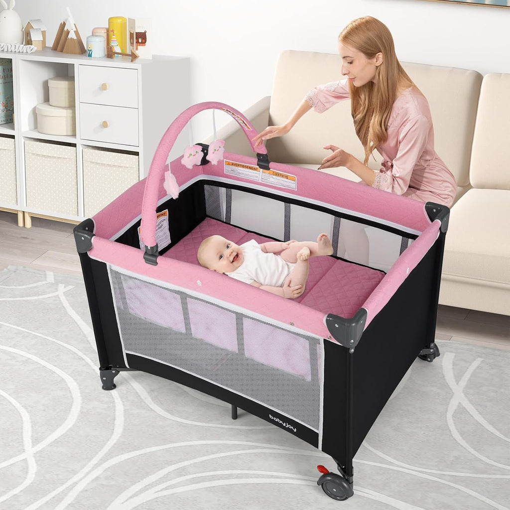 3 in 1 Pink Pack and Play, Travel Baby Crib Bassinet Bed with Bassinet for Girl, Changing Table w/Safety Belt