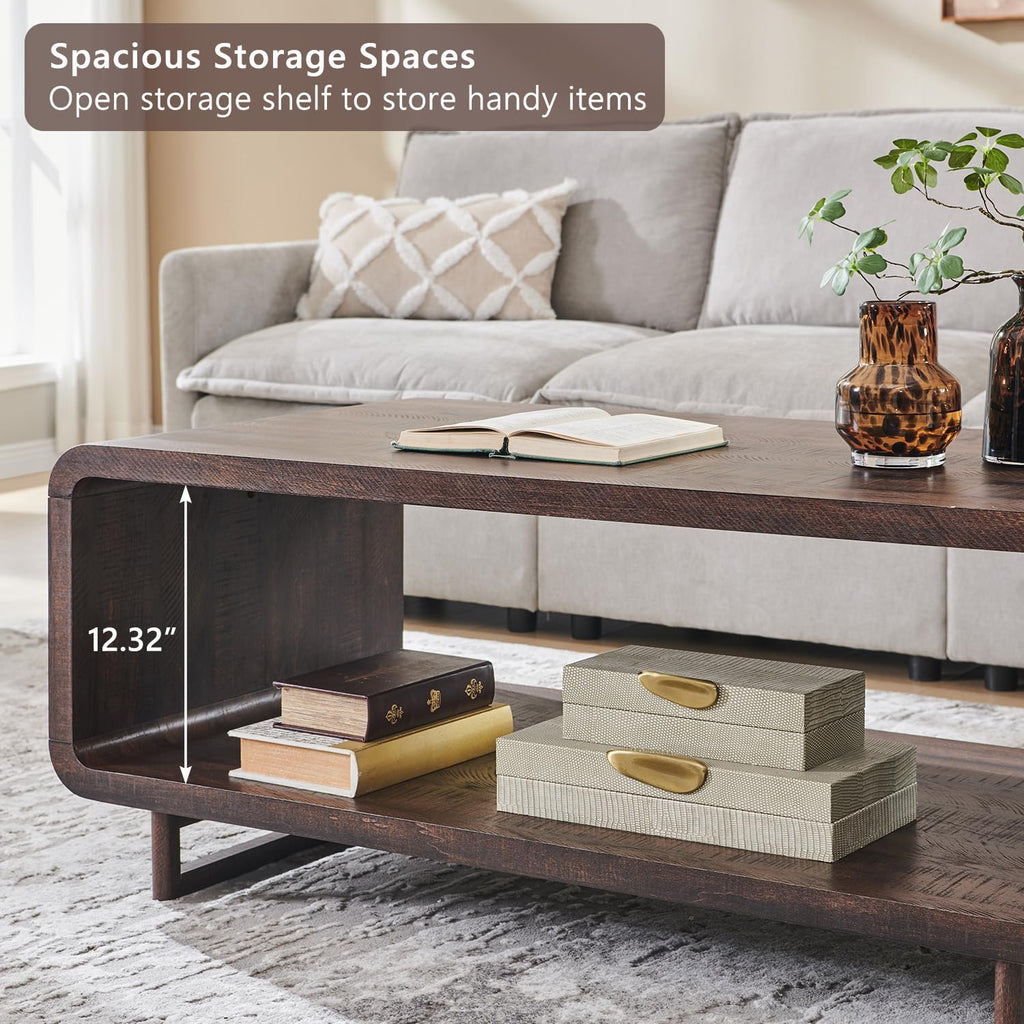 48" Modern Coffee Table, 2-Tier Curved Center Table, Dark Walnut