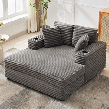 60-inch Oversized Chaise Lounge Chair Indoor, Comfy Corduroy Lounge Sofa with Charging Station, Cup Holders & Throw