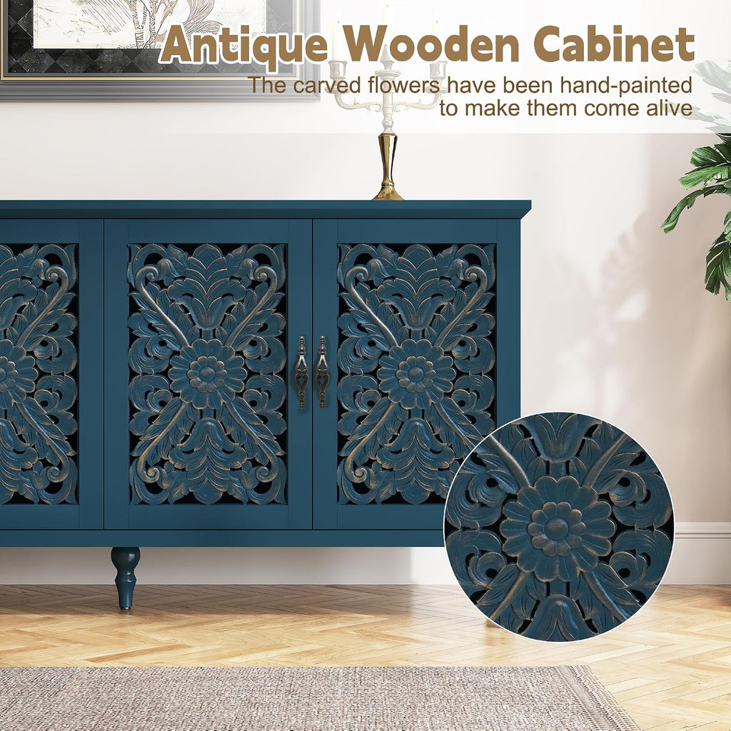 61.8" Hollow Carved Accent Cabinet with 4 Doors | Vintage Sideboard Buffet with Adjustable Shelves, Credenza with