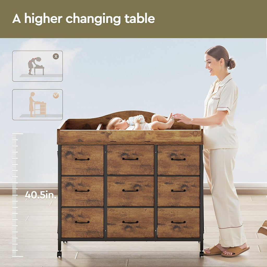 Baby Changing Table, 9 Fabric Boxes, Waterproof Pad, Mobile, Rustic Brown | Changing Table,Waterproof Diaper pad &