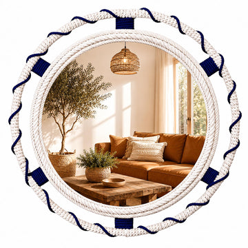 30" Round Nautical Rope Wall Mirror, Coastal White Navy Bands