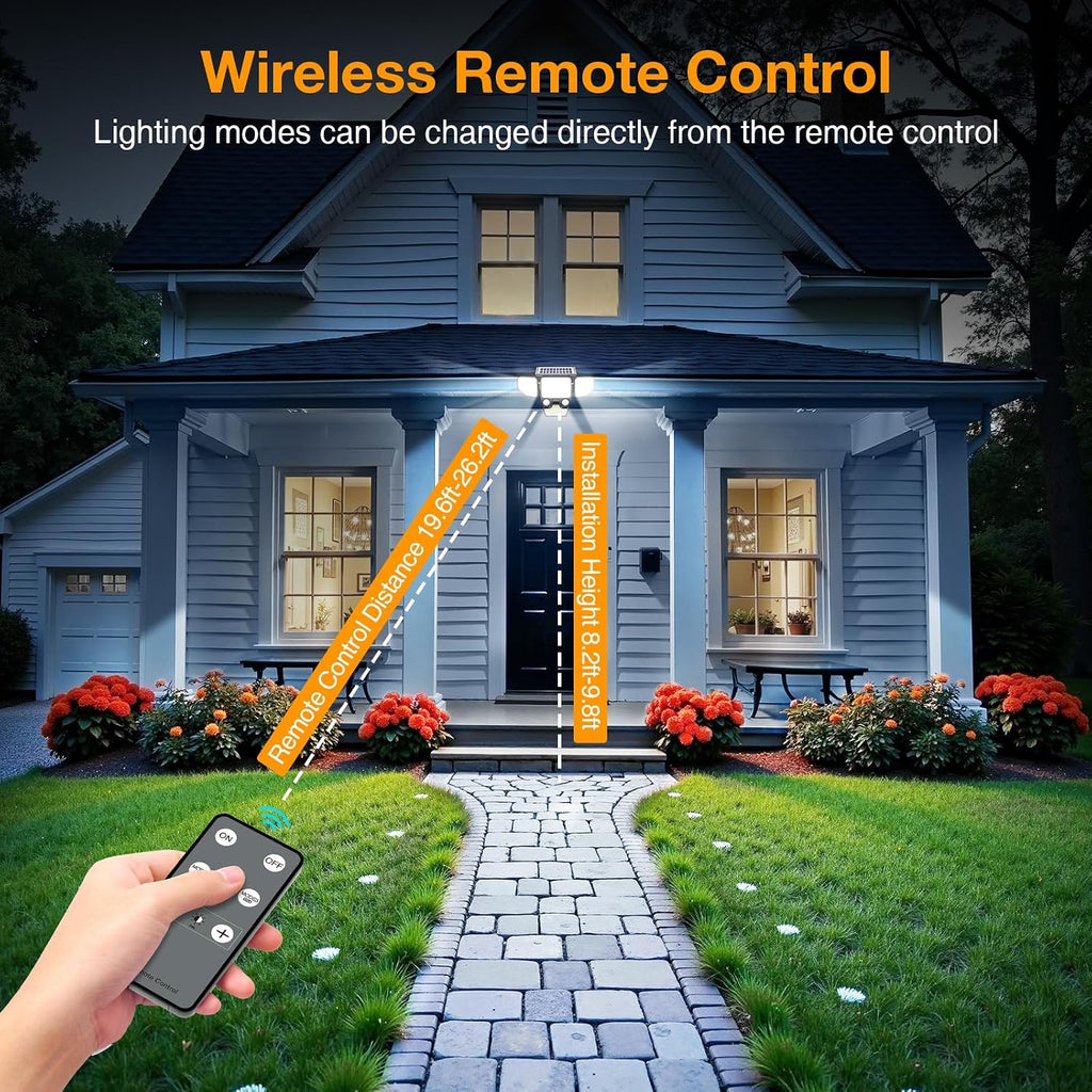 3000LM Solar Lights Outdoor, 4 Heads Solar Security Lights with Remote Control, 180 LEDs IP65 Waterproof Motion