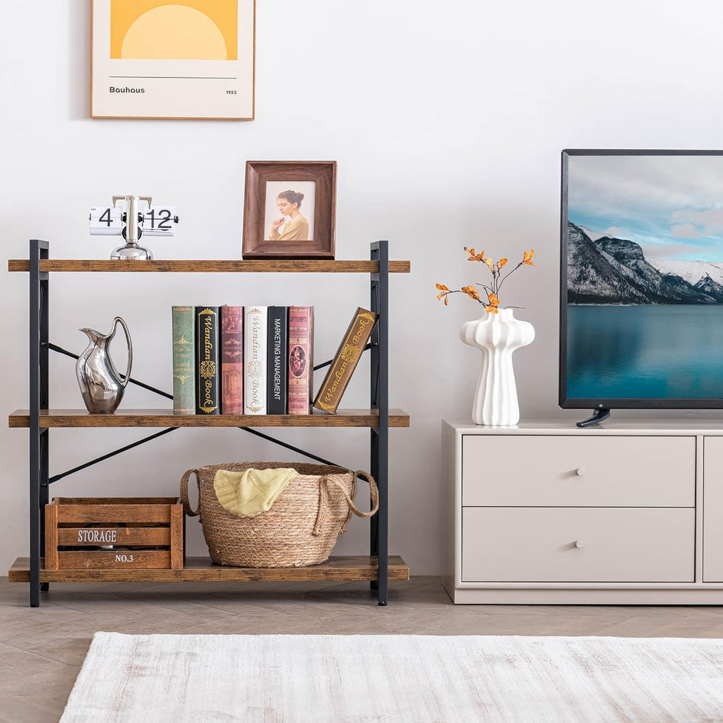 Bookshelf, 3-Tier Industrial Bookcase, Rustic Open Book Shelf, Wood and Metal Horizontal Bookshelves