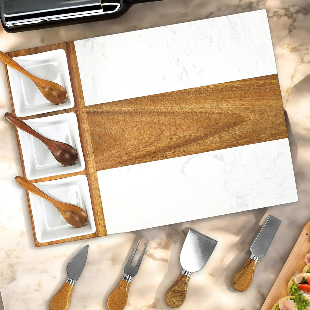 Marble Cutting Board Set, Charcuterie Cheese Boards, 3 Bowls, 3 Spoons, 4 Charcuterie Utensils, Meat, Fruits