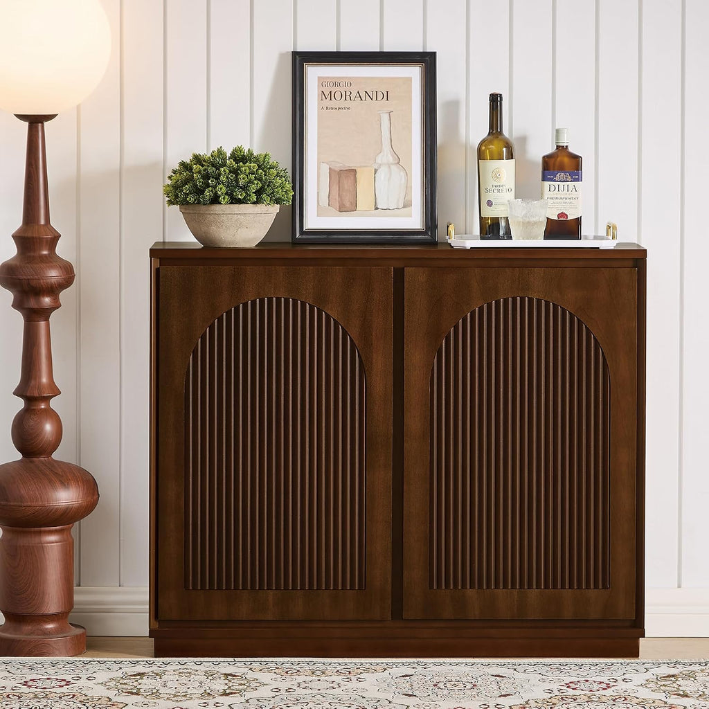 Real Walnut Veneer Sideboard Buffet,Narrow Entryway Storage Cabinet | Walnut Credenza Storage Cabinet,Thin Sideboard
