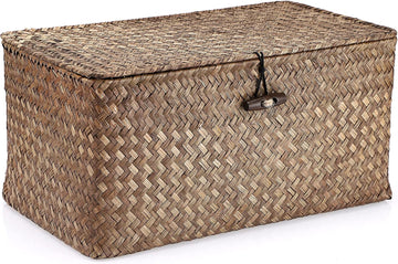 Wicker Shelf Baskets Storage Bin with Lid Handwoven Seagrass Basket | Rectangular Household Basket Boxes for Shelf