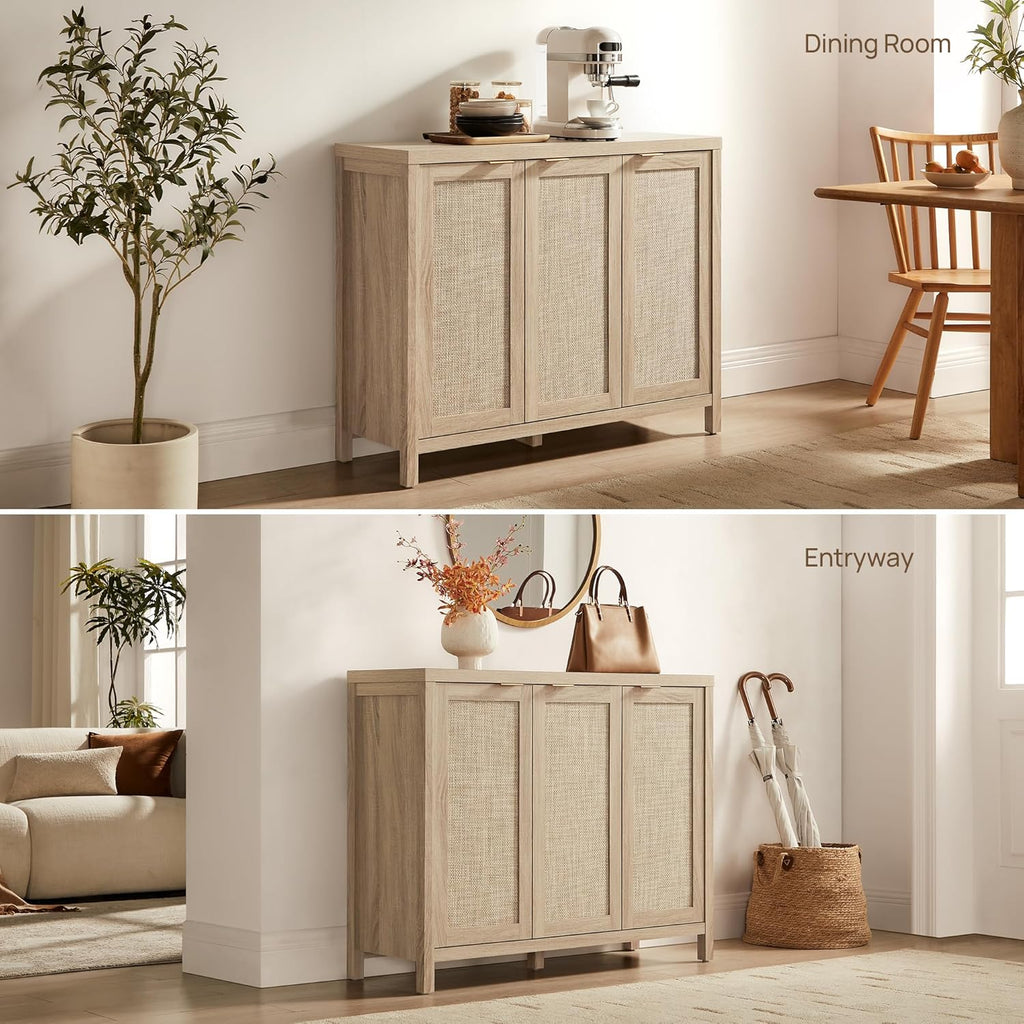 Rattan Buffet Cabinet with Storage 43.5" Sideboard Cabinet with 3 Doors & Adjustable Shelves Wood Sideboard Credenza